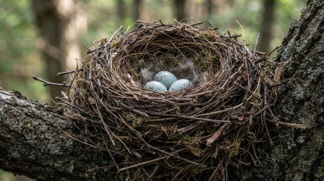 Natural bird nest with three speckled blue eggs on a tree branch in the forest