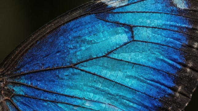 Macro texture of a vibrant blue morpho butterfly wing showing scales and veins