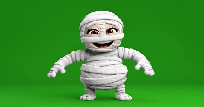 Cute 3D cartoon mummy character moving right to left on green screen background. 4K Video 60 fps