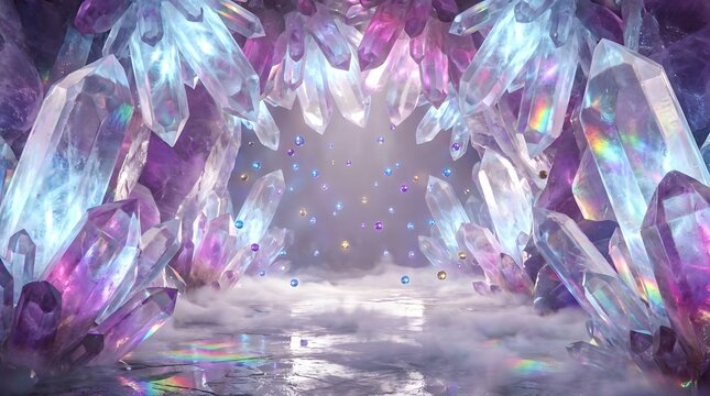 Ethereal amethyst crystal cave with glowing purple quartz. Magical mineral cavern background. Fantasy gemstone grotto with mystical light.