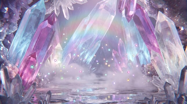 Ethereal crystal cave with rainbow light, magical amethyst and quartz cavern, mystical gemstone background for wellness and meditation