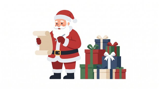 Santa Claus checking his list and surrounded by a pile of wrapped gifts. 