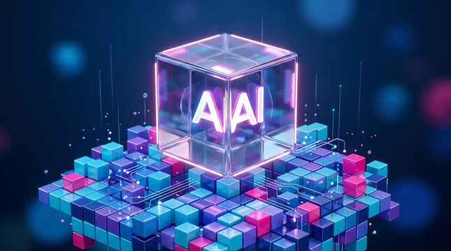 Artificial intelligence cube with glowing letters standing on complex digital data grid structure representing machine learning and advanced computing technology in dark blue space