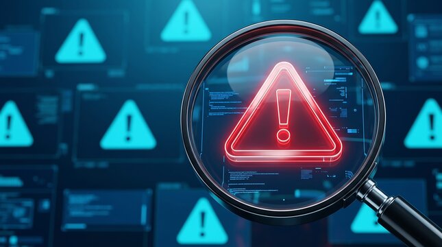 Magnifying glass inspecting red digital warning triangle icon on dark blue background with multiple alert symbols representing comprehensive cybersecurity scanning and network vulnerability assessment