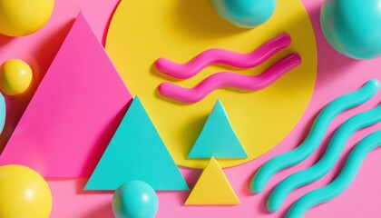 Obraz premium Bright colorful geometric shapes arrangement in pink, yellow, and teal