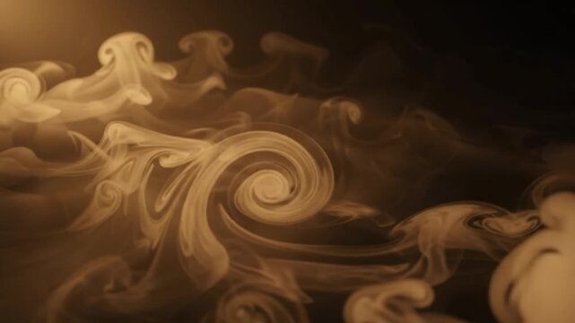 abstract warm golden smoke curling and swirling across dark ground background