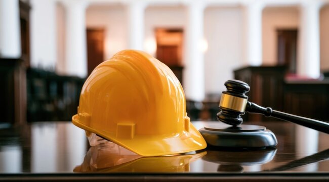 Yellow construction hard hat and judge gavel on dark wood table