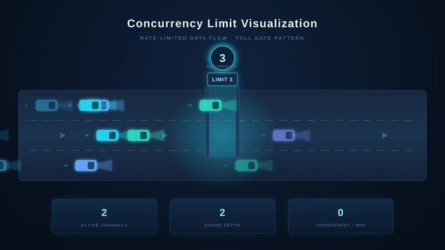Concurrency limit visualization for rate-limited data flow toll gate pattern, for software architecture, traffic management, api throttling, system load balancing