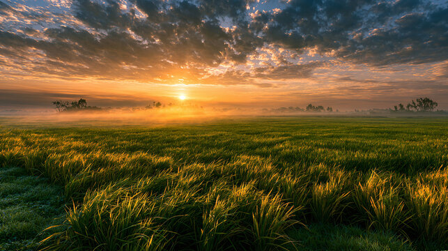 Golden Sunrise Light Illuminating Green Rice Fields Landscape with Cloudy Sky and Morning Fog