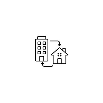 Building and house exchange outline icon depicting real estate relocation or property transfer with building exchange relocation property transfer
