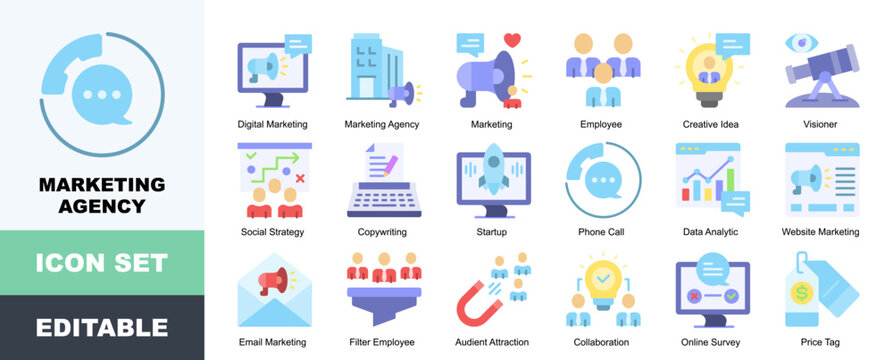 Marketing Agency Icon Pack Featuring Digital Marketing, Public Relations, Group Synergy, Creative Idea, Social Strategy, Copywriting, Data Analytics