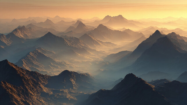 Golden Sunrise Over Mountain Range Peaks with Morning Mist Filled Valley