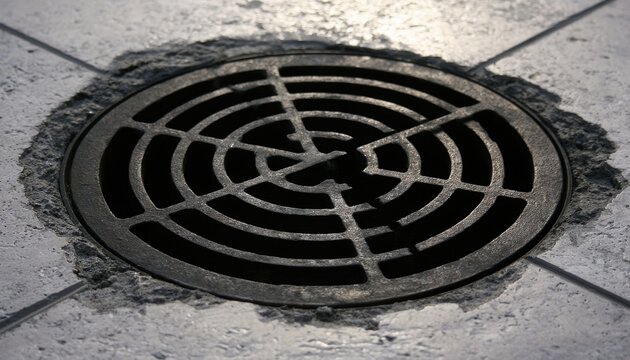 Circular dark metal manhole cover with concentric ring pattern on concrete surface