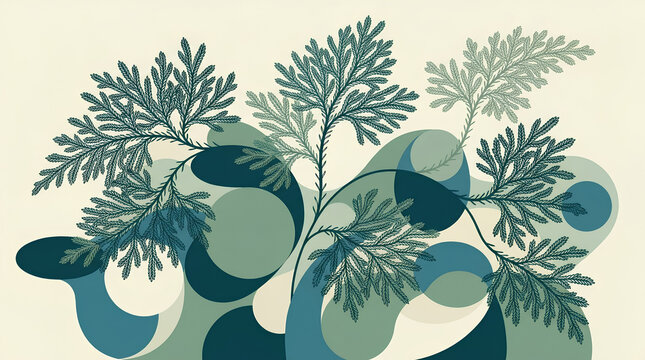 Abstract botanical illustration with green fern leaves and organic blue circle shapes
