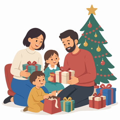 Fototapeta premium Happy Family Opening Christmas Presents by Tree