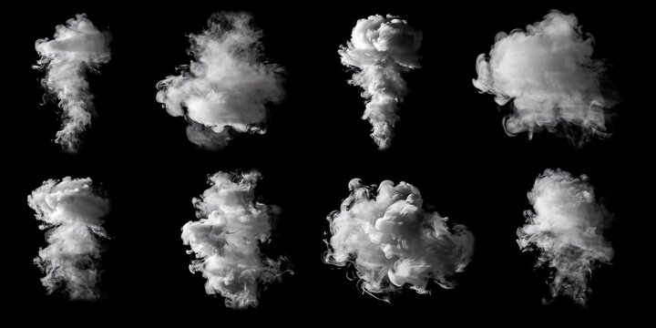 Isolated White Smoke Explosion and Cloud Collection Set on Dark Black Background
