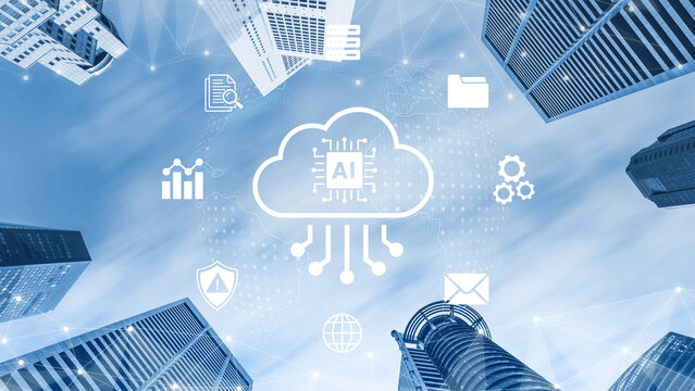 A dynamic illustration showcasing cloud computing technology with icons related to artificial intelligence, set against an urban skyline under a bright blue sky. Cyphers