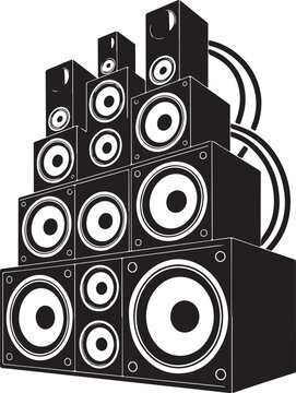 Professional large sound system stack with powerful stage speaker arrays for live music concerts and audio events