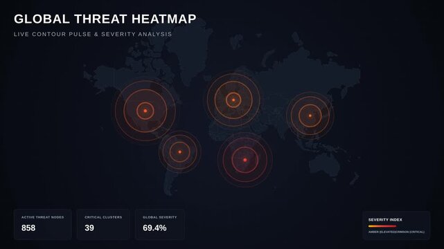 Global threat heatmap with world map with pulsing radar circles severity index stats, for cyber security monitoring, international crisis tracking, defense intelligence, risk assessment