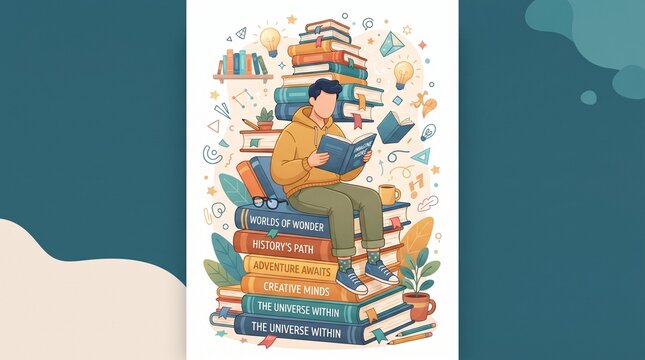 Faceless male cartoon character reading while surrounded by books, flat illustration symbolizing knowledge, imagination, education, study and lifelong learning