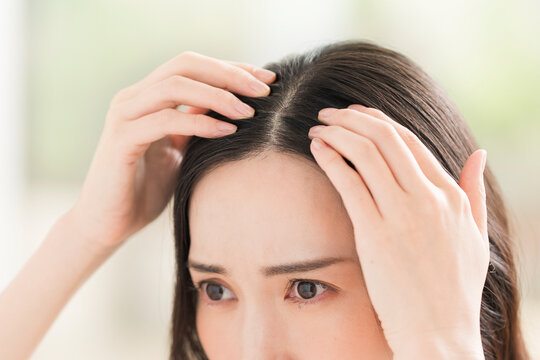 手で髪を分けて頭皮や髪の根元の状態をチェックする日本人女性。ヘアケアイメージ。
