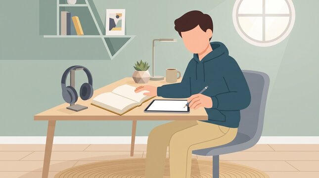 Faceless male cartoon character comparing printed book and tablet for reading, flat illustration about digital education, technology, study and knowledge