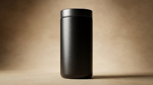 A single tall black plastic jar container for supplements or food products sitting on a flat surface. vacuum sealed mug