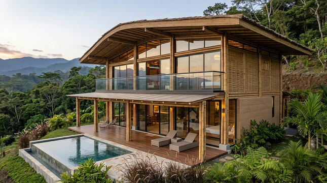 Modern wooden house with infinity pool in tropical forest.