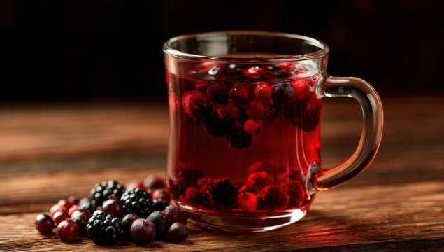 Clear glass mug filled with vibrant red berry juice and whole berries on a wooden surface