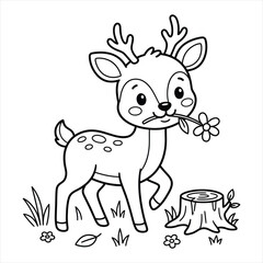 Obraz premium Cute little fawn holding a flower in its mouth, standing by a tree stump, vector line art drawing.