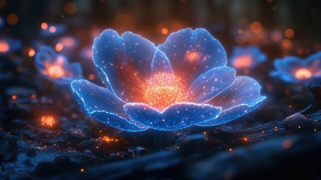 Glowing Blue Digital Particle Flower With Warm Orange Core In A Dark Mystical Forest Setting