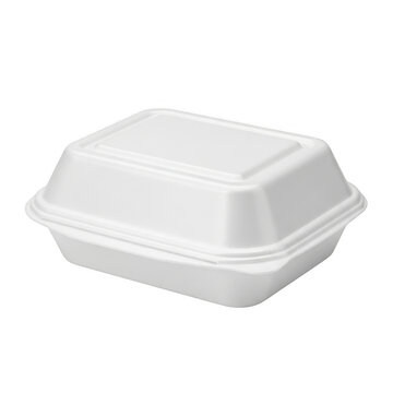 White styrofoam food container isolated on white background for takeaway meal packaging.