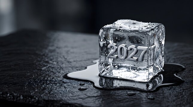 Single ice cube containing metallic 2027 inscription melting on dark textured slate stone surface for concept of time passing or climate change ideas.
