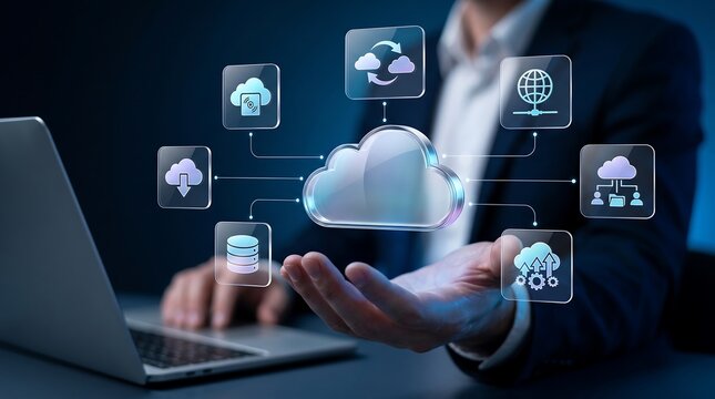 Business professional interacting with digital cloud computing network interface for data management and global connectivity solutions on modern laptop in office environment with hologram