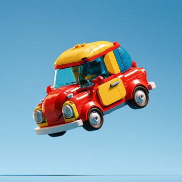 空に浮かぶ赤と黄色のかわいい3Dブロック玩具の車キャラクター