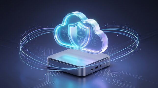 Advanced 3d render of secure cloud storage concept featuring glowing shield inside translucent cloud icon on metallic base with light streaks representing fast data protection