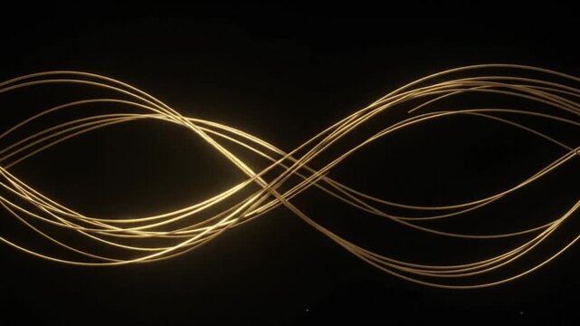 abstract glowing golden lines flowing wave spiraling light particles black background luxury motion loop