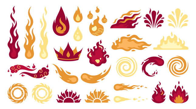 Set of fire flames and magical energy effects in assorted shapes for games, combat action, spell casting, fantasy animations, and vfx elements