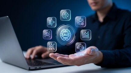 Obraz premium Artificial intelligence specialist showcasing advanced brain interface with holographic technology icons for machine learning and neural network development on hand in office