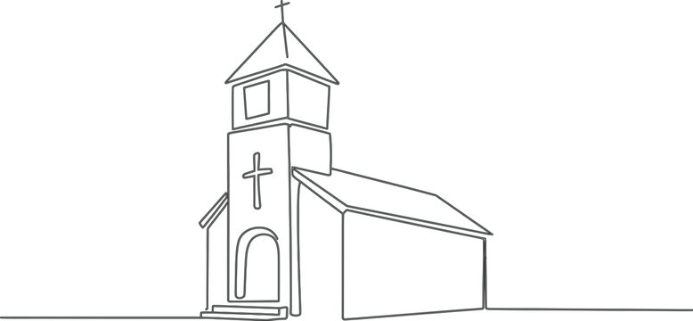 Simple line drawing of a christian church building with a cross on the front wall