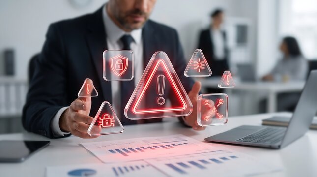Businessman managing cybersecurity risks with glowing red hazard and warning icons floating above financial reports and laptop in professional office
