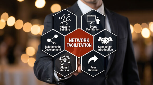 Businessman pointing at network facilitation concept for business connections