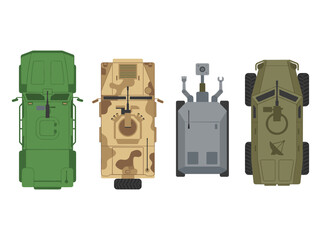 Obraz premium Set of armored military vehicles in top down view, tactical transport machines, war defense equipment, combat tanks and mobile units for strategy
