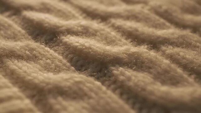 Warm cream sweater material viewed from a near surface perspective, where soft ribbed channels, airy fleece, rolling knit relief, muted shadows, and amber glow form a serene tactile landscape
