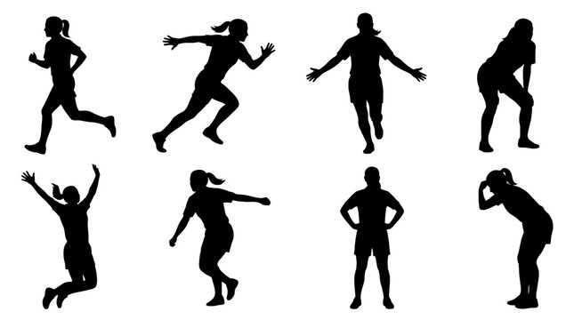 Set of black silhouettes of female soccer referee in various dynamic action poses, sporting activities, match officiating, games and competition
