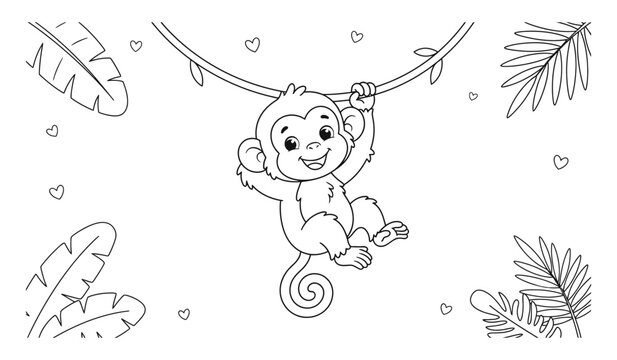 Cute little monkey hanging on a vine in the jungle for children coloring book page black and white illustration