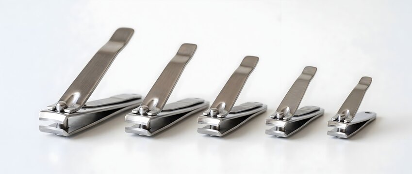 Five silver metal nail clippers of different sizes lined up on white