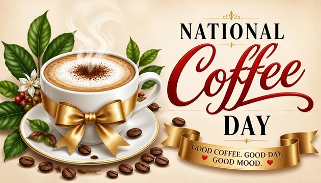National Coffee Day greeting card with hot cappuccino and gold ribbon bow