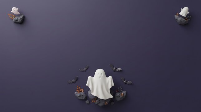 Halloween ghost figures and spooky elements positioned on dark purple background with halloween