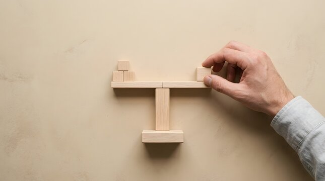 Hand balancing wooden blocks on scale structure over beige background, symbolizing business stability and strategic decision making.